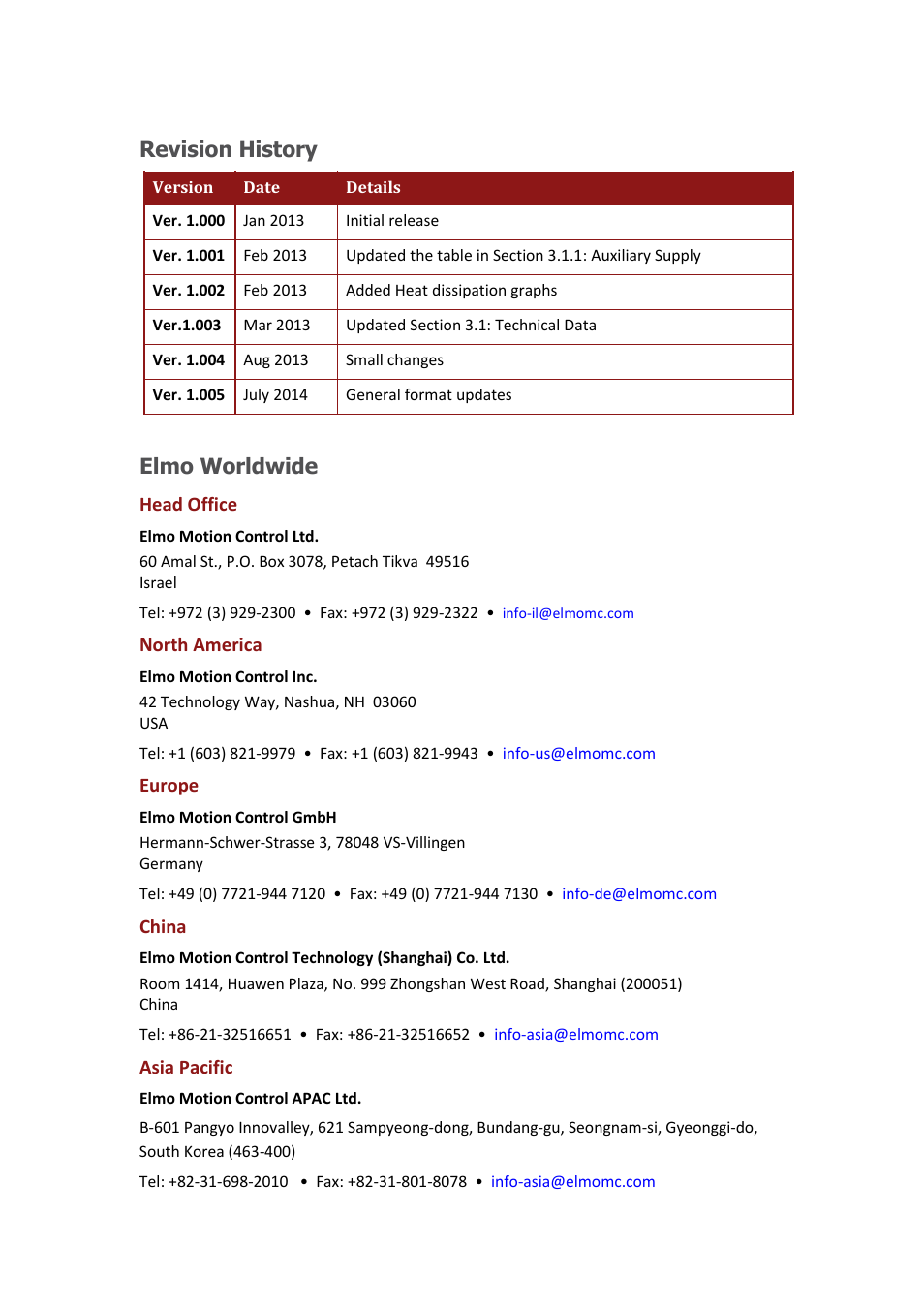 Revision history, Elmo worldwide | ElmoMC Gold Line Digital Servo Drives-Gold Guitar User Manual | Page 3 / 84