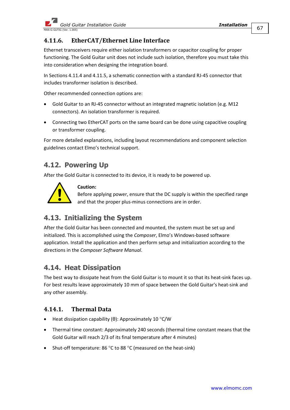 Ethercat/ethernet line interface, Powering up, Initializing the system | Heat dissipation, Thermal data, Initializing the system 4.14. heat dissipation | ElmoMC Gold Line Digital Servo Drives-Gold Guitar User Manual | Page 67 / 84