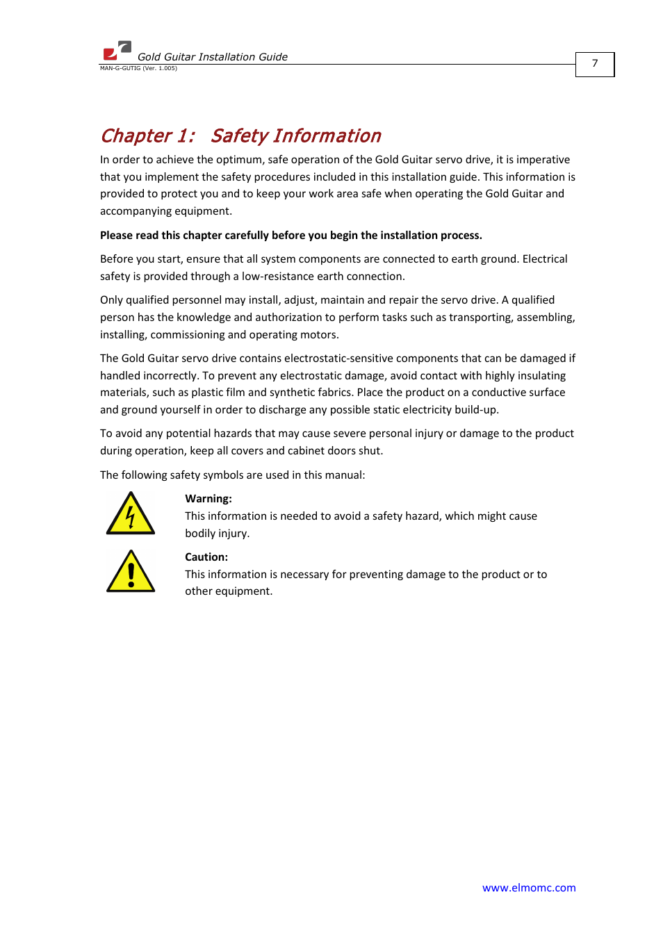 Chapter 1: safety information, Chapter 1, Safety information | ElmoMC Gold Line Digital Servo Drives-Gold Guitar User Manual | Page 7 / 84