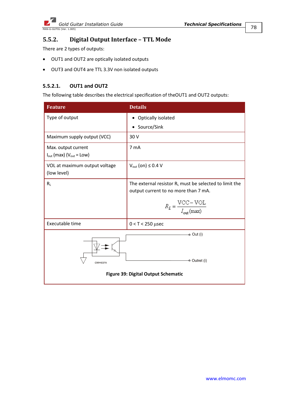 Digital output interface – ttl mode, Out1 and out2 | ElmoMC Gold Line Digital Servo Drives-Gold Guitar User Manual | Page 78 / 84