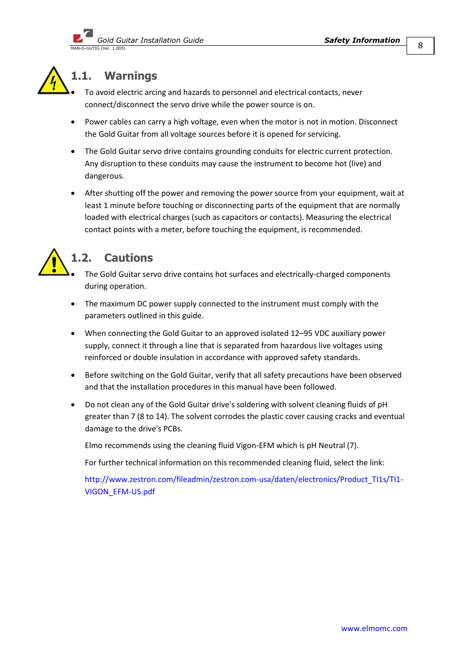 Warnings, Cautions, Warnings 1.2. cautions | ElmoMC Gold Line Digital Servo Drives-Gold Guitar User Manual | Page 8 / 84