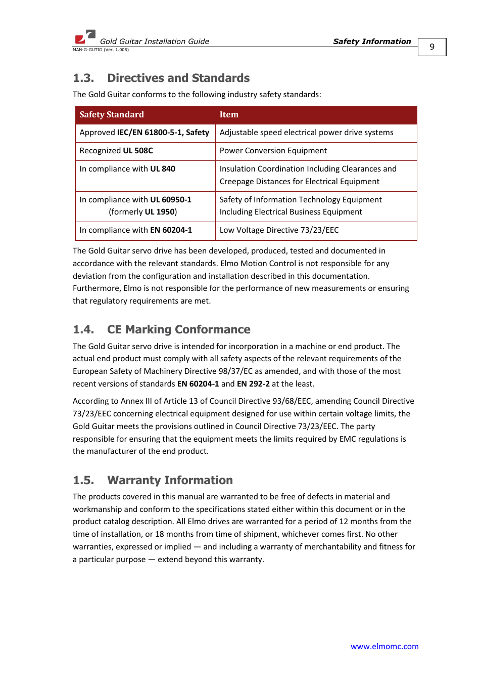Directives and standards, Ce marking conformance, Warranty information | ElmoMC Gold Line Digital Servo Drives-Gold Guitar User Manual | Page 9 / 84