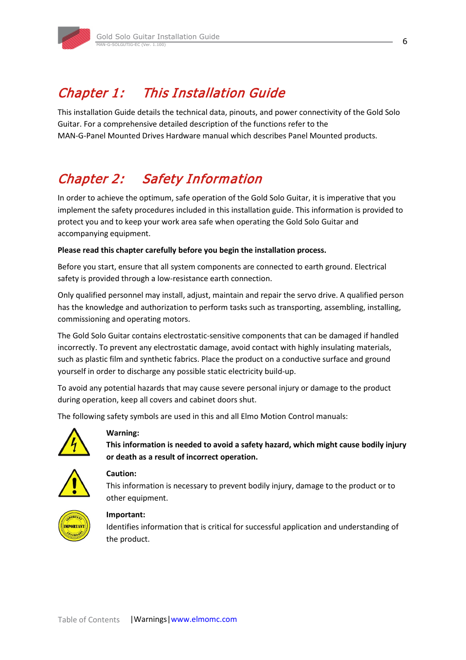 Chapter 1: this installation guide, Chapter 2: safety information, Chapter 1 | This installation guide, Chapter 2, Safety information | ElmoMC Gold Line Digital Servo Drives-Gold Solo Guitar User Manual | Page 6 / 65