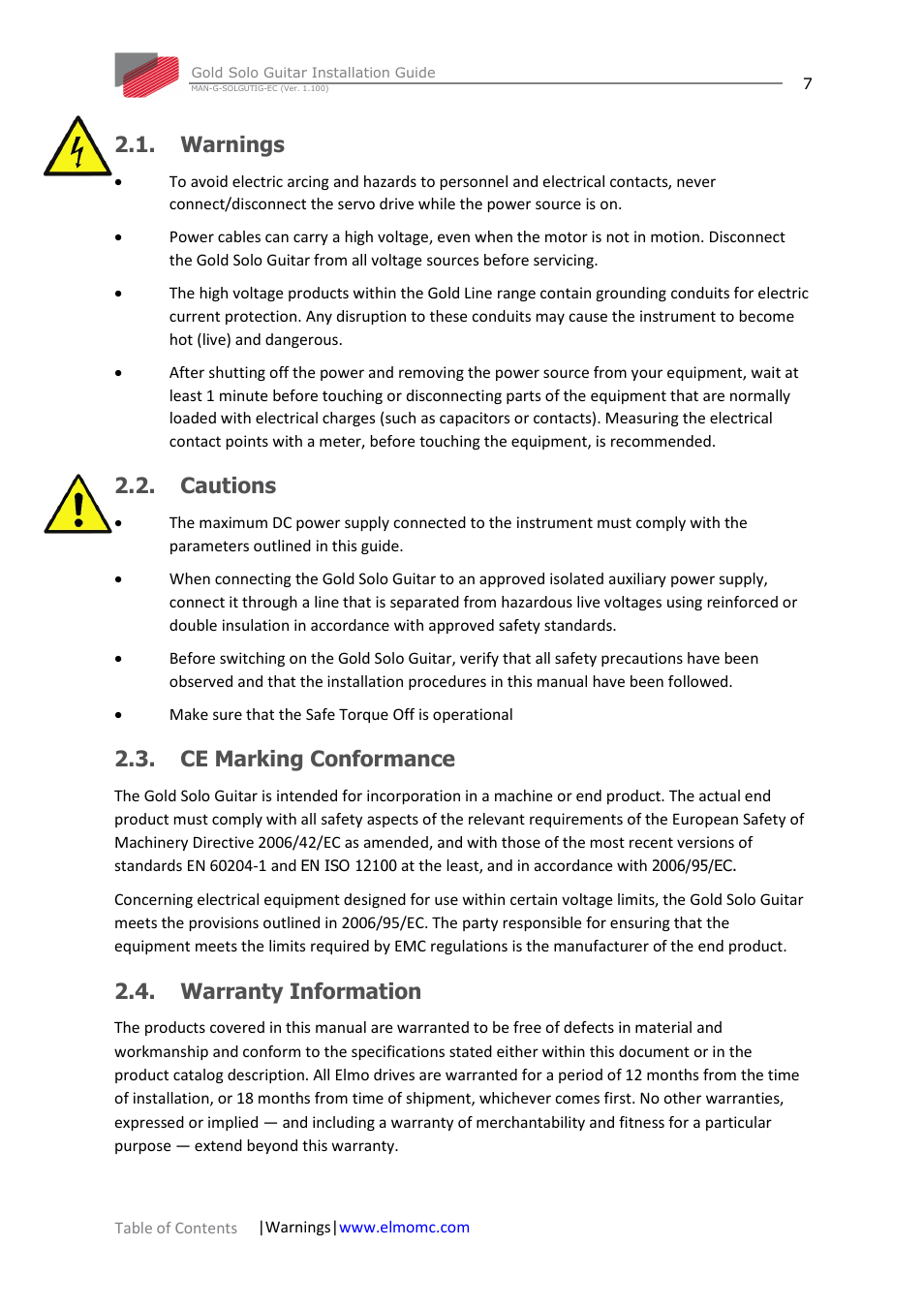 Warnings, Cautions, Ce marking conformance | Warranty information | ElmoMC Gold Line Digital Servo Drives-Gold Solo Guitar User Manual | Page 7 / 65