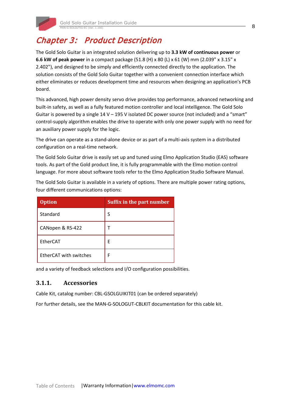 Chapter 3: product description, Accessories, Chapter 3 | Product description | ElmoMC Gold Line Digital Servo Drives-Gold Solo Guitar User Manual | Page 8 / 65
