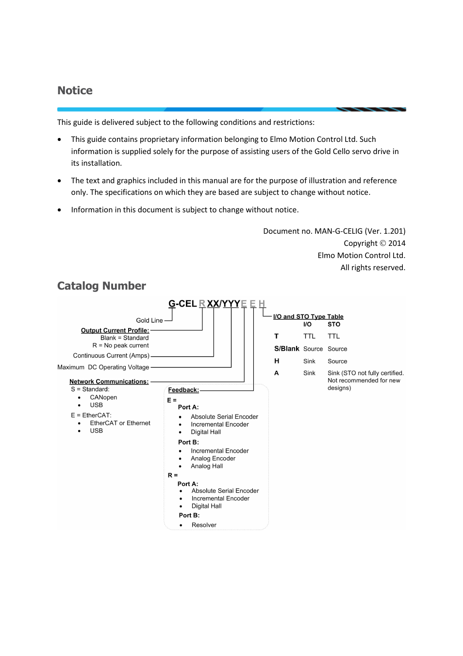 Notice, Catalog number | ElmoMC Gold Line Digital Servo Drives-Gold Cello User Manual | Page 2 / 59