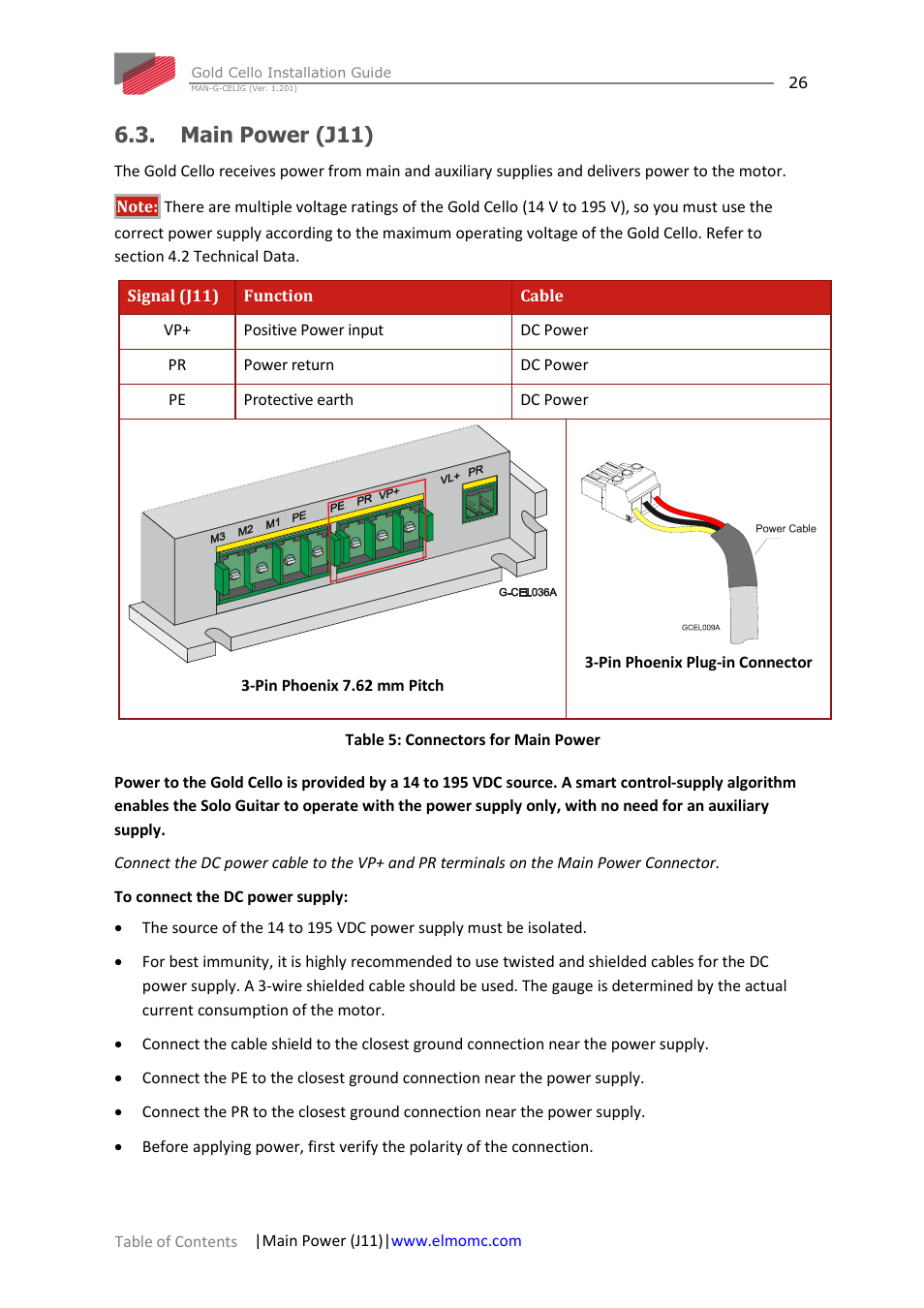 Main power (j11) | ElmoMC Gold Line Digital Servo Drives-Gold Cello User Manual | Page 26 / 59