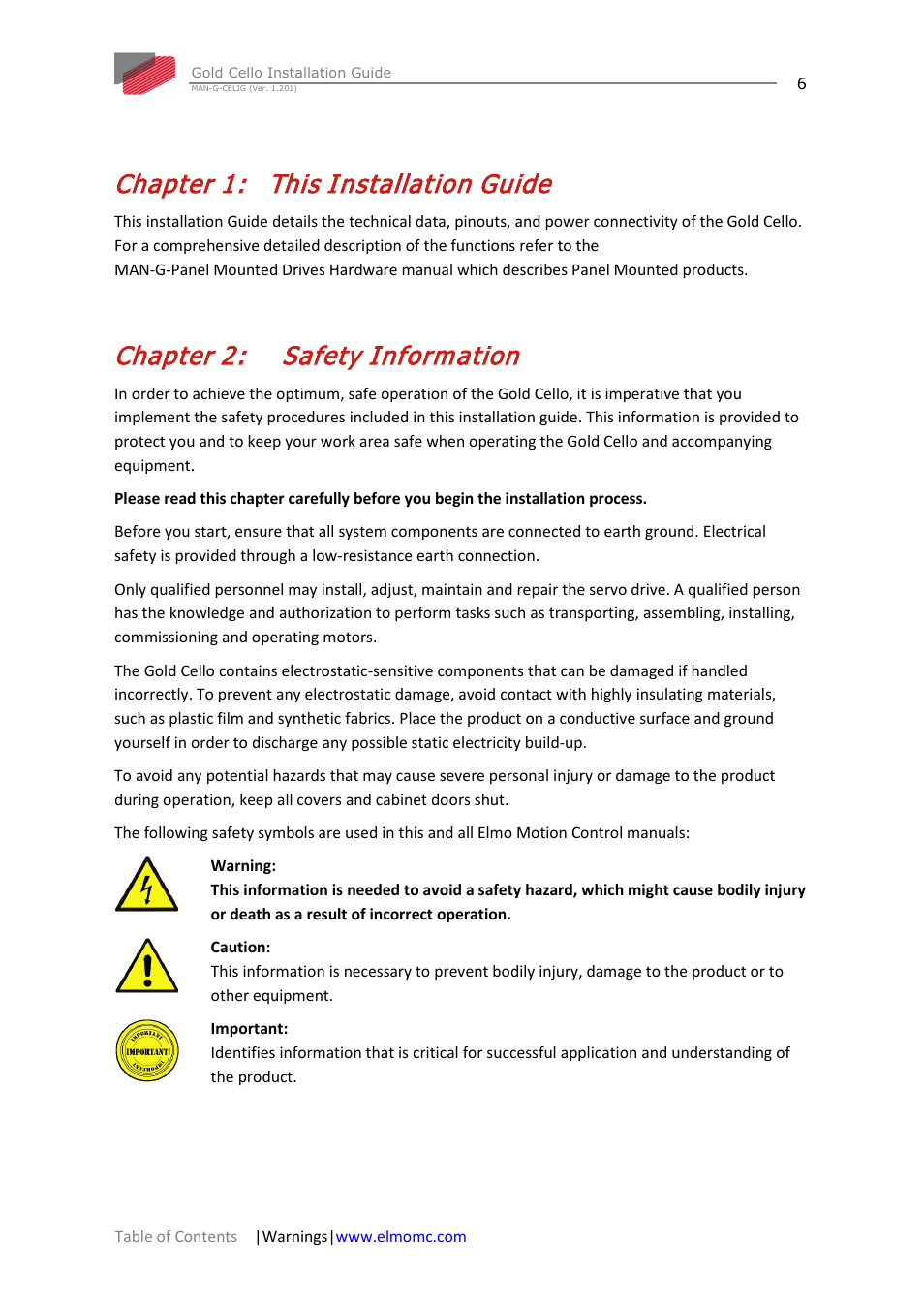 Chapter 1: this installation guide, Chapter 2: safety information, Chapter 1 | This installation guide, Chapter 2, Safety information | ElmoMC Gold Line Digital Servo Drives-Gold Cello User Manual | Page 6 / 59