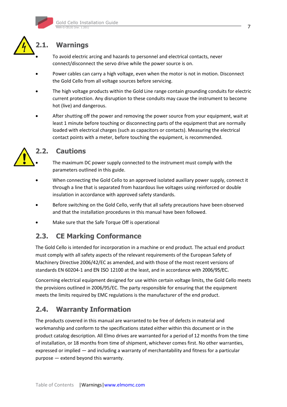 Warnings, Cautions, Ce marking conformance | Warranty information | ElmoMC Gold Line Digital Servo Drives-Gold Cello User Manual | Page 7 / 59