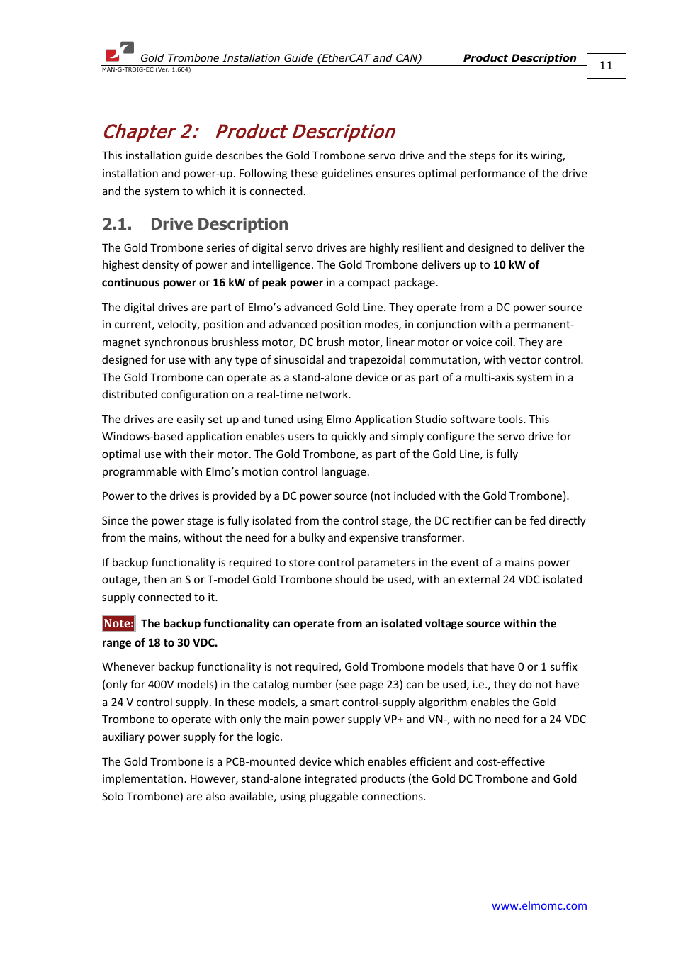 Chapter 2: product description, Drive description, Chapter 2 | Product description | ElmoMC Gold Line Digital Servo Drives-Gold Trombone User Manual | Page 11 / 92