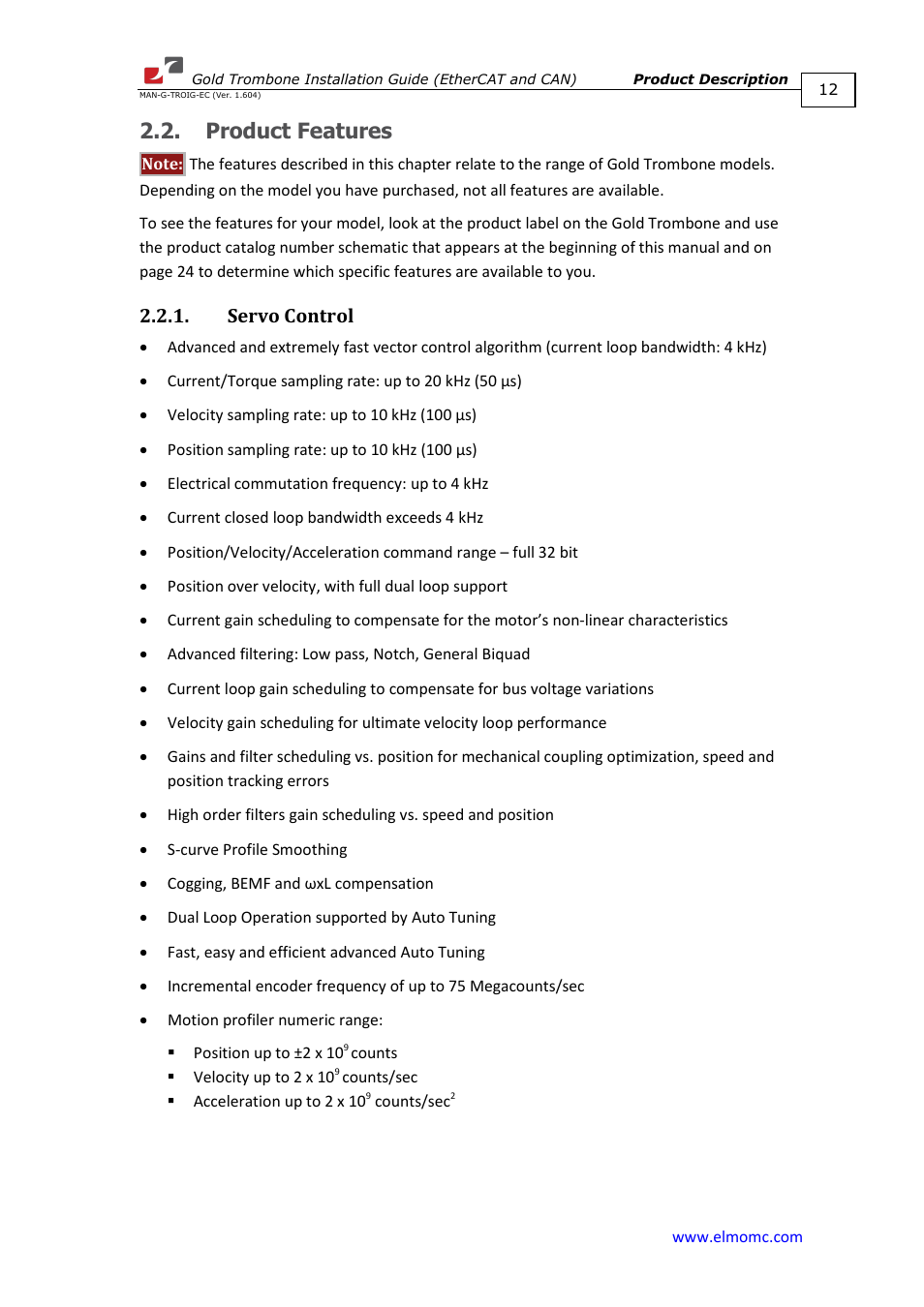 Product features, Servo control | ElmoMC Gold Line Digital Servo Drives-Gold Trombone User Manual | Page 12 / 92