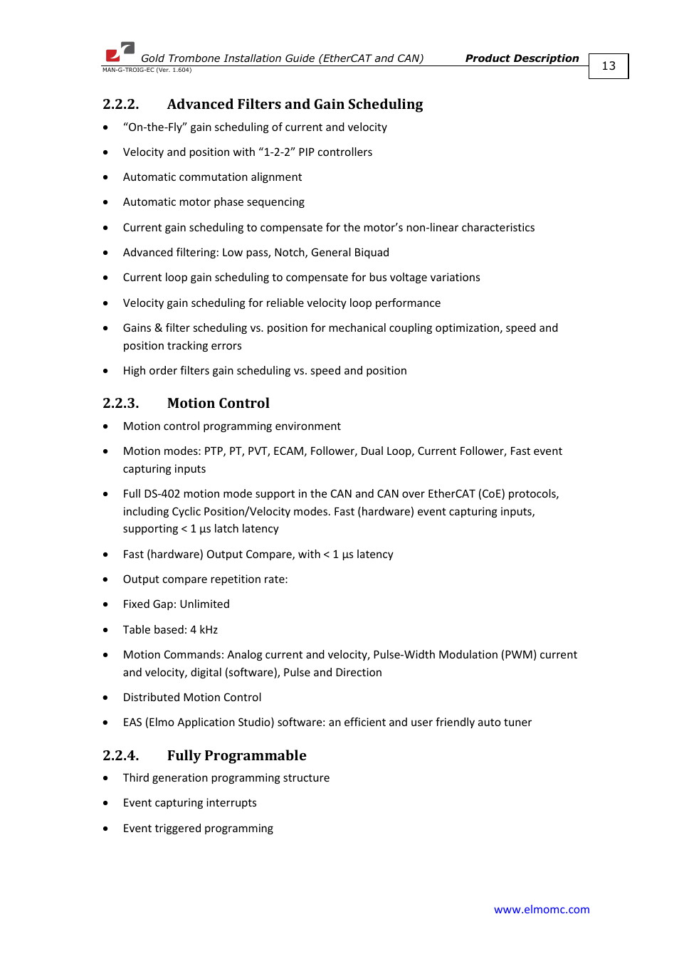 Advanced filters and gain scheduling, Motion control, Fully programmable | ElmoMC Gold Line Digital Servo Drives-Gold Trombone User Manual | Page 13 / 92