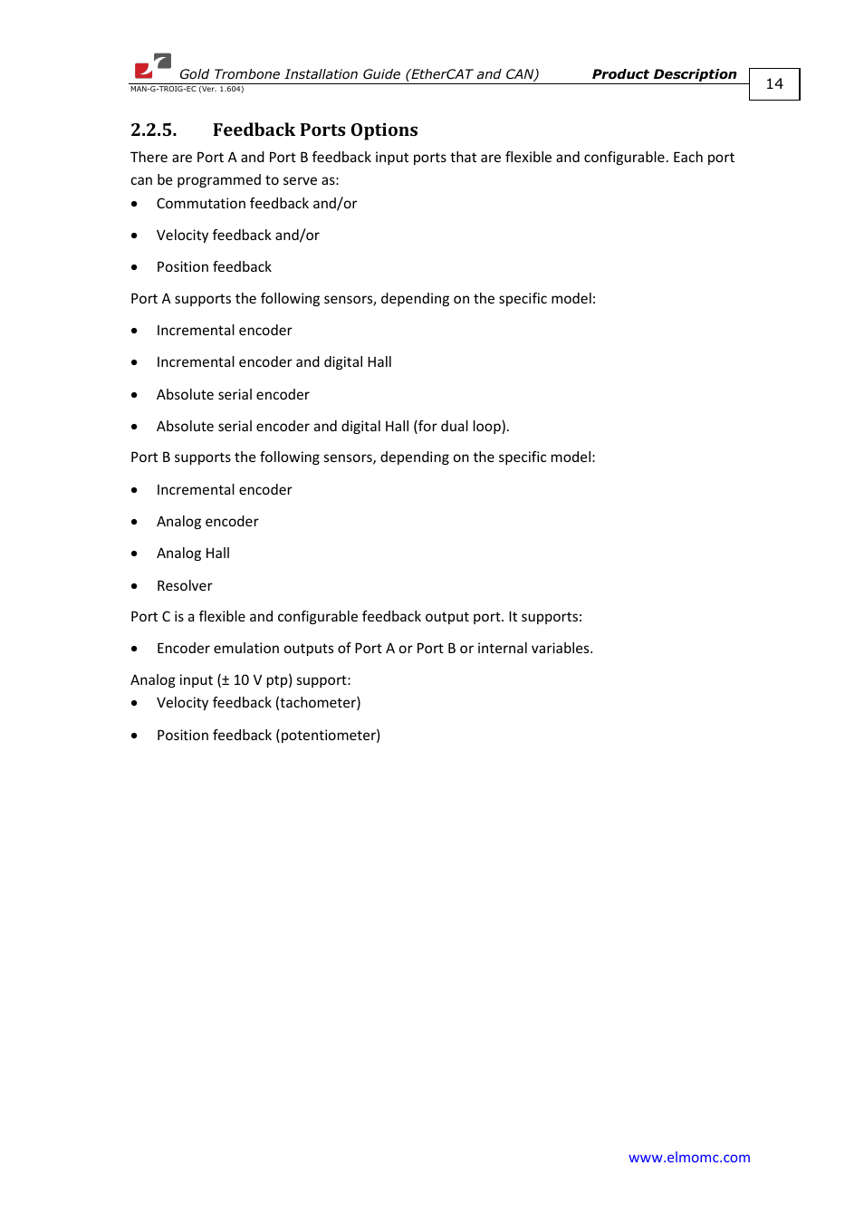 Feedback ports options | ElmoMC Gold Line Digital Servo Drives-Gold Trombone User Manual | Page 14 / 92