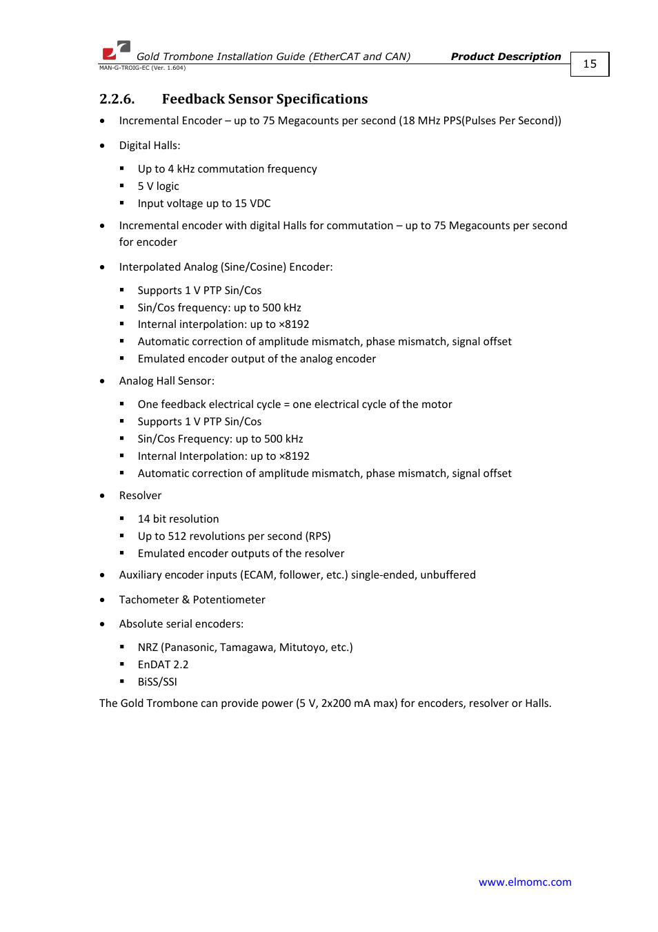Feedback sensor specifications | ElmoMC Gold Line Digital Servo Drives-Gold Trombone User Manual | Page 15 / 92