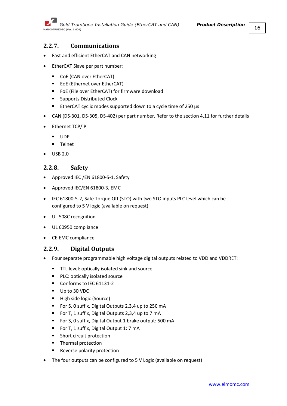 Communications, Safety, Digital outputs | ElmoMC Gold Line Digital Servo Drives-Gold Trombone User Manual | Page 16 / 92