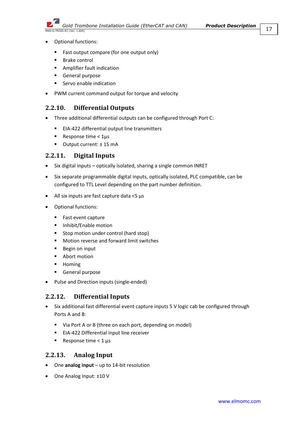 Differential outputs, Digital inputs, Differential inputs | Analog input | ElmoMC Gold Line Digital Servo Drives-Gold Trombone User Manual | Page 17 / 92