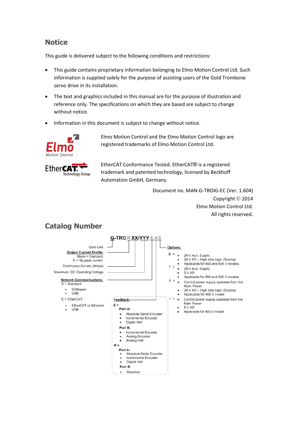 Notice, Catalog number | ElmoMC Gold Line Digital Servo Drives-Gold Trombone User Manual | Page 2 / 92