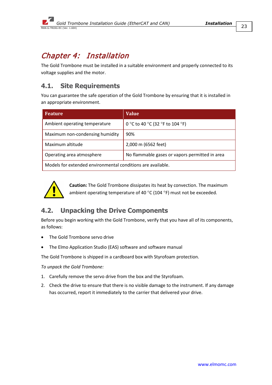 Chapter 4: installation, Site requirements, Unpacking the drive components | Chapter 4, Installation | ElmoMC Gold Line Digital Servo Drives-Gold Trombone User Manual | Page 23 / 92