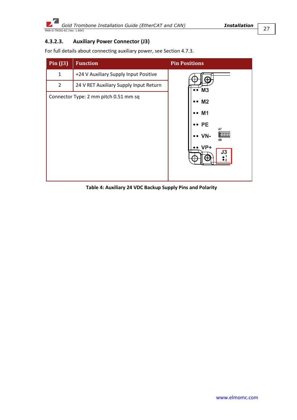 Auxiliary power connector (j3) | ElmoMC Gold Line Digital Servo Drives-Gold Trombone User Manual | Page 27 / 92