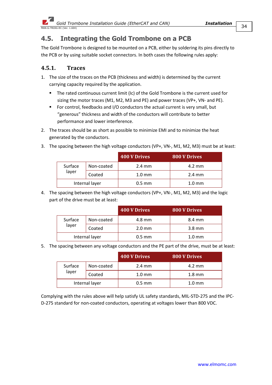 Integrating the gold trombone on a pcb, Traces | ElmoMC Gold Line Digital Servo Drives-Gold Trombone User Manual | Page 34 / 92
