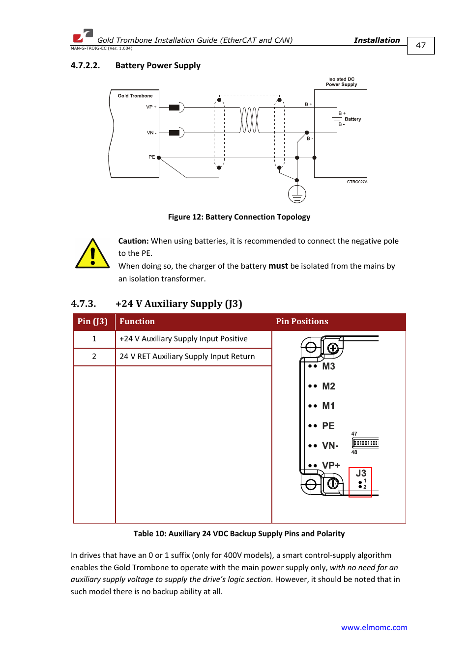 Battery power supply, +24 v auxiliary supply (j3) | ElmoMC Gold Line Digital Servo Drives-Gold Trombone User Manual | Page 47 / 92