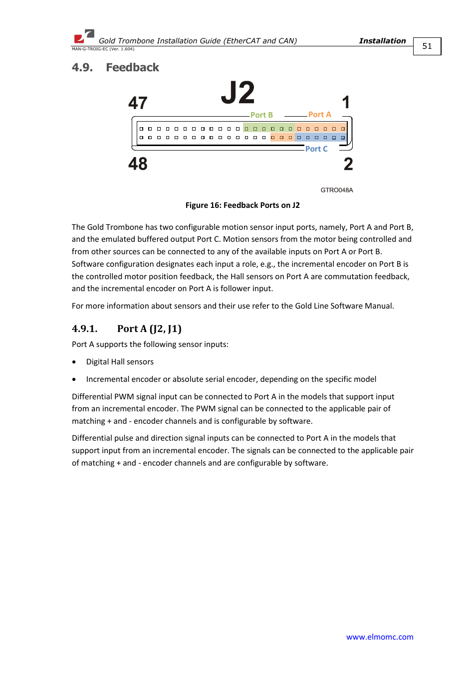 Feedback, Port a (j2, j1) | ElmoMC Gold Line Digital Servo Drives-Gold Trombone User Manual | Page 51 / 92