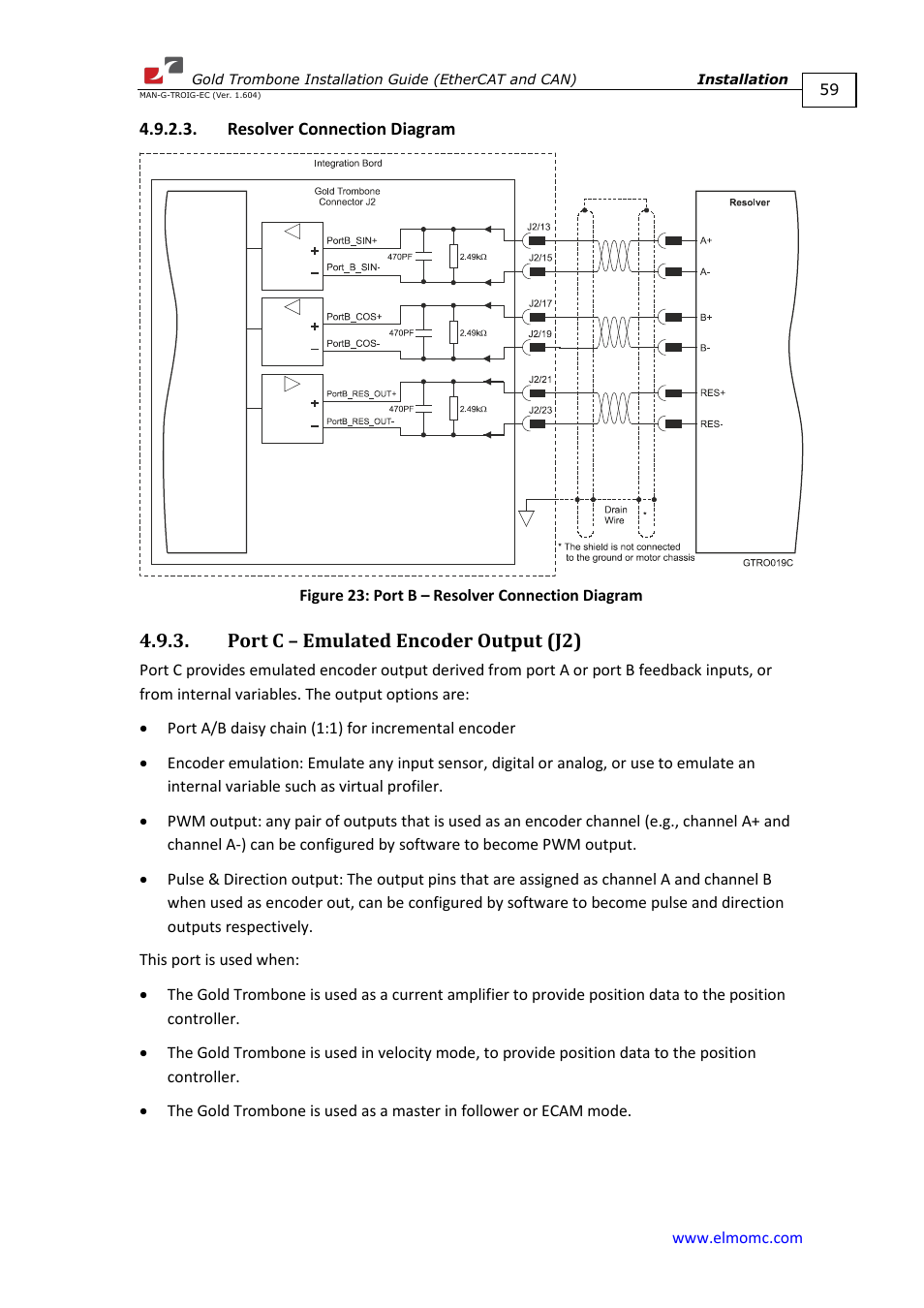 Resolver connection diagram, Port c – emulated encoder output (j2) | ElmoMC Gold Line Digital Servo Drives-Gold Trombone User Manual | Page 59 / 92