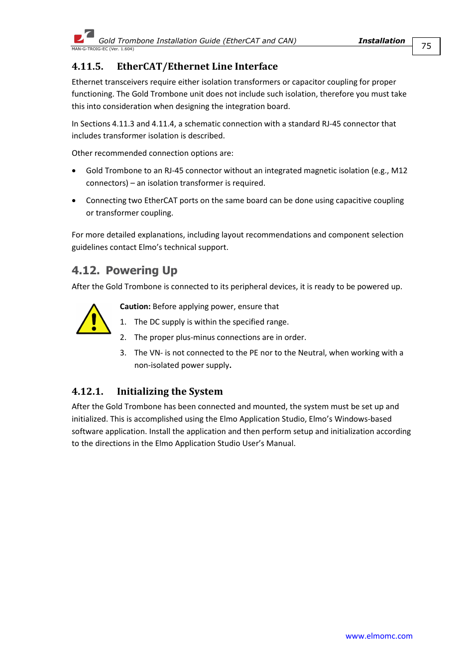 Ethercat/ethernet line interface, Powering up, Initializing the system | ElmoMC Gold Line Digital Servo Drives-Gold Trombone User Manual | Page 75 / 92