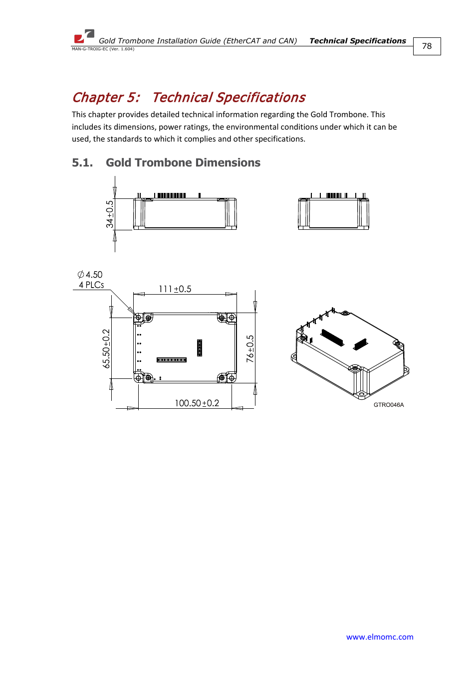 Chapter 5: technical specifications, Gold trombone dimensions, Chapter 5 | Technical specifications | ElmoMC Gold Line Digital Servo Drives-Gold Trombone User Manual | Page 78 / 92