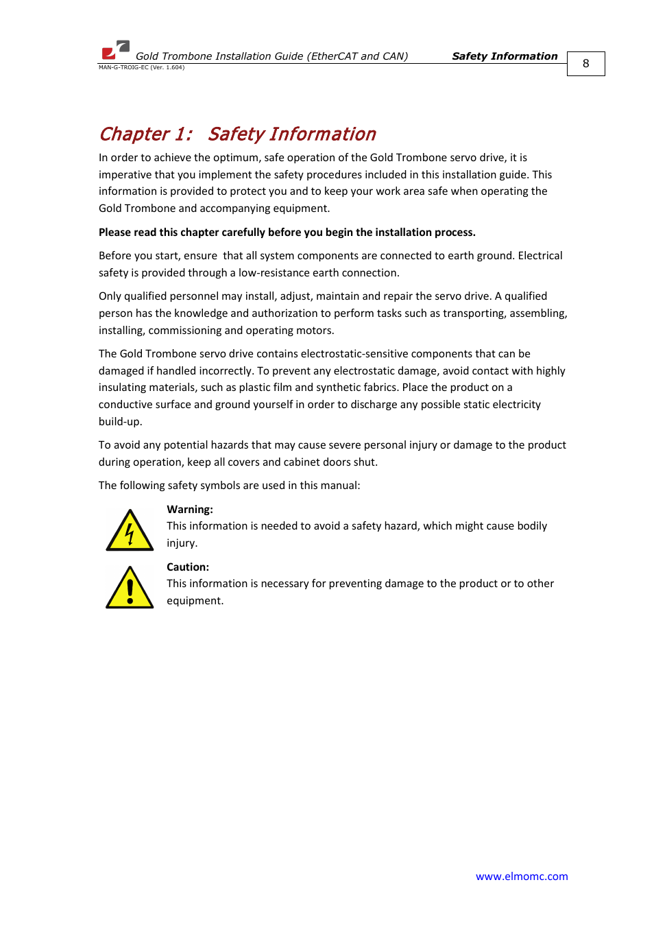 Chapter 1: safety information, Chapter 1, Safety information | ElmoMC Gold Line Digital Servo Drives-Gold Trombone User Manual | Page 8 / 92