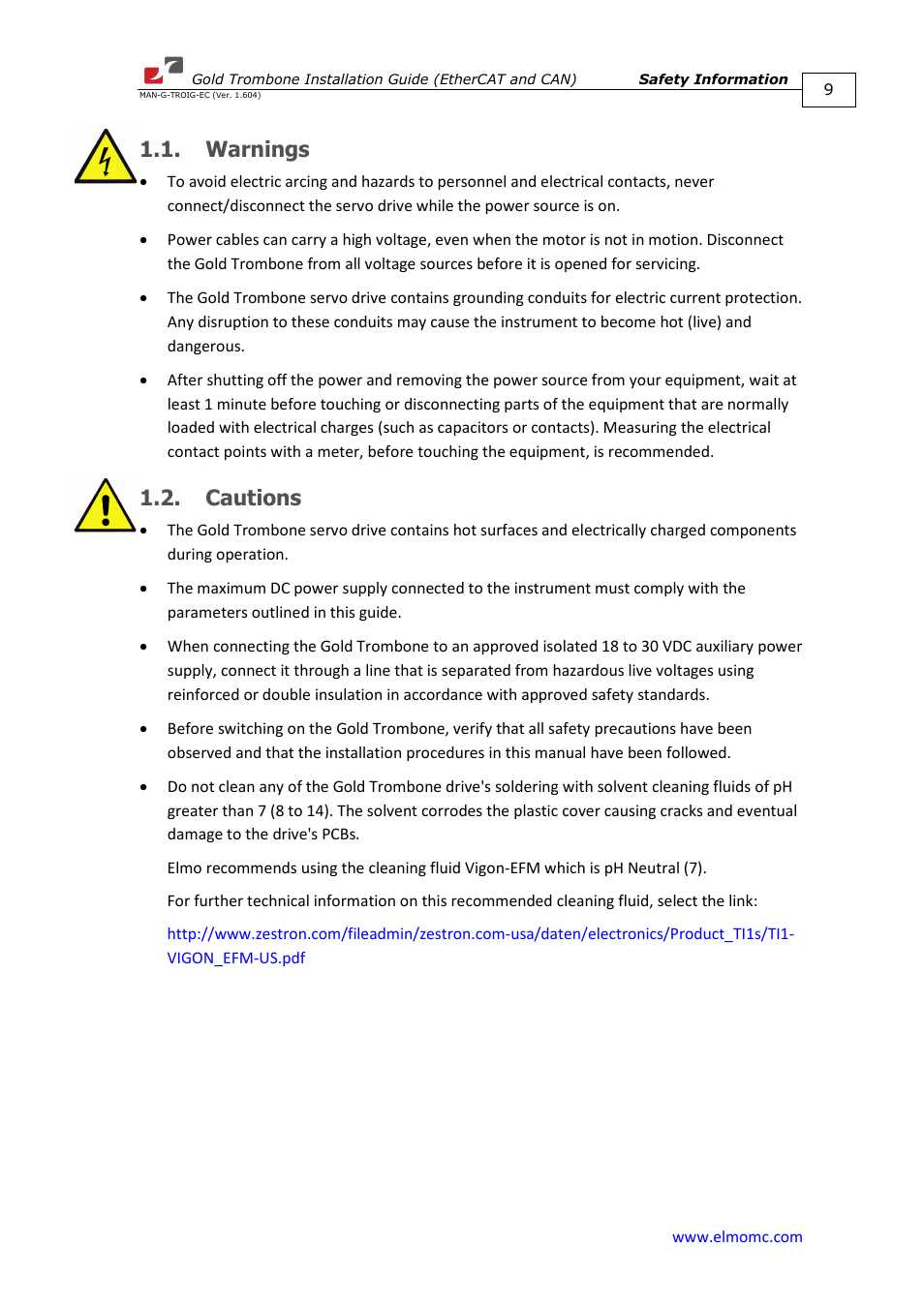 Warnings, Cautions, Warnings 1.2. cautions | ElmoMC Gold Line Digital Servo Drives-Gold Trombone User Manual | Page 9 / 92