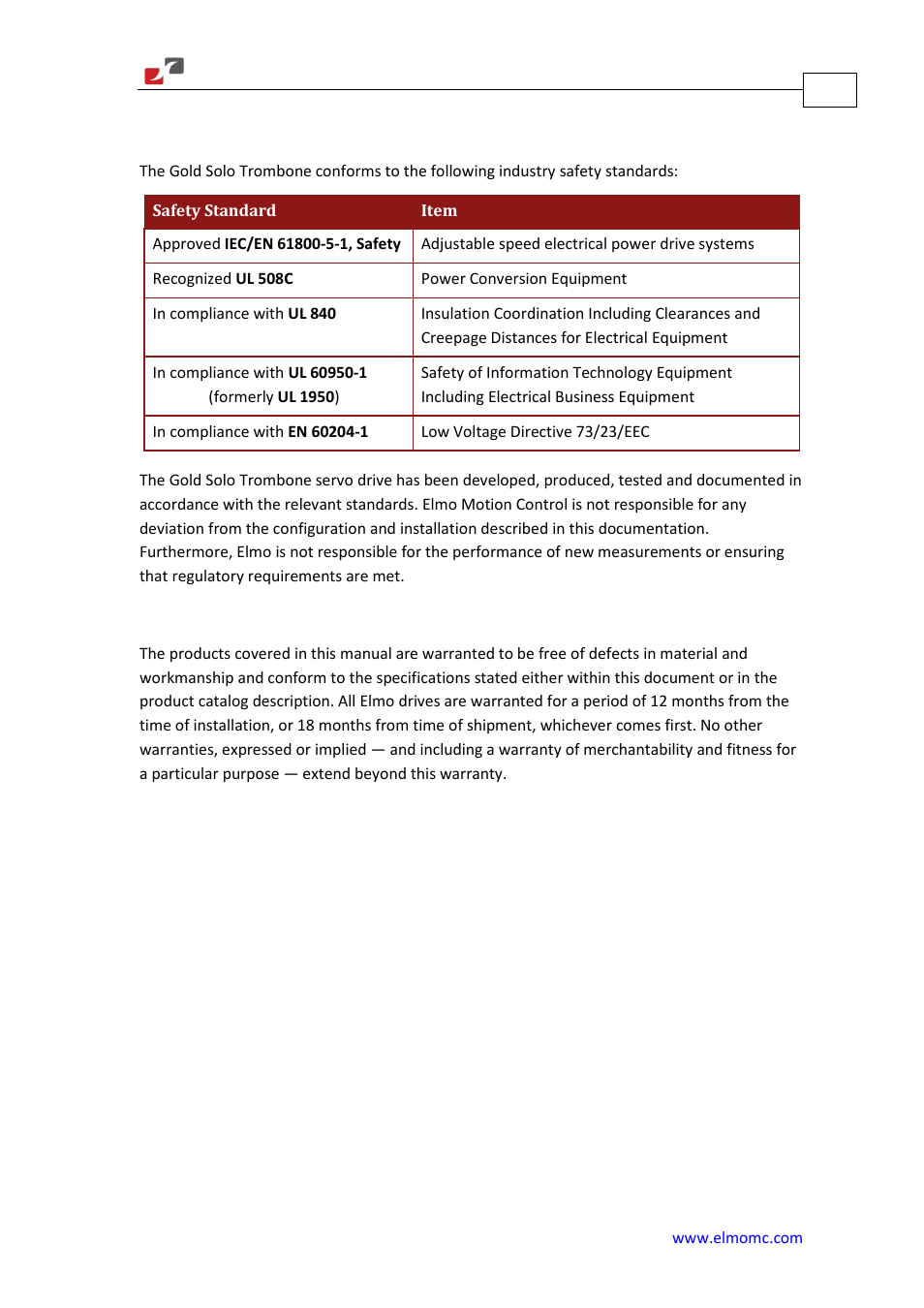 Directives and standards, Warranty information, Directives and standards 1.4. warranty information | ElmoMC Gold Line Digital Servo Drives-Gold Solo Trombone User Manual | Page 10 / 110