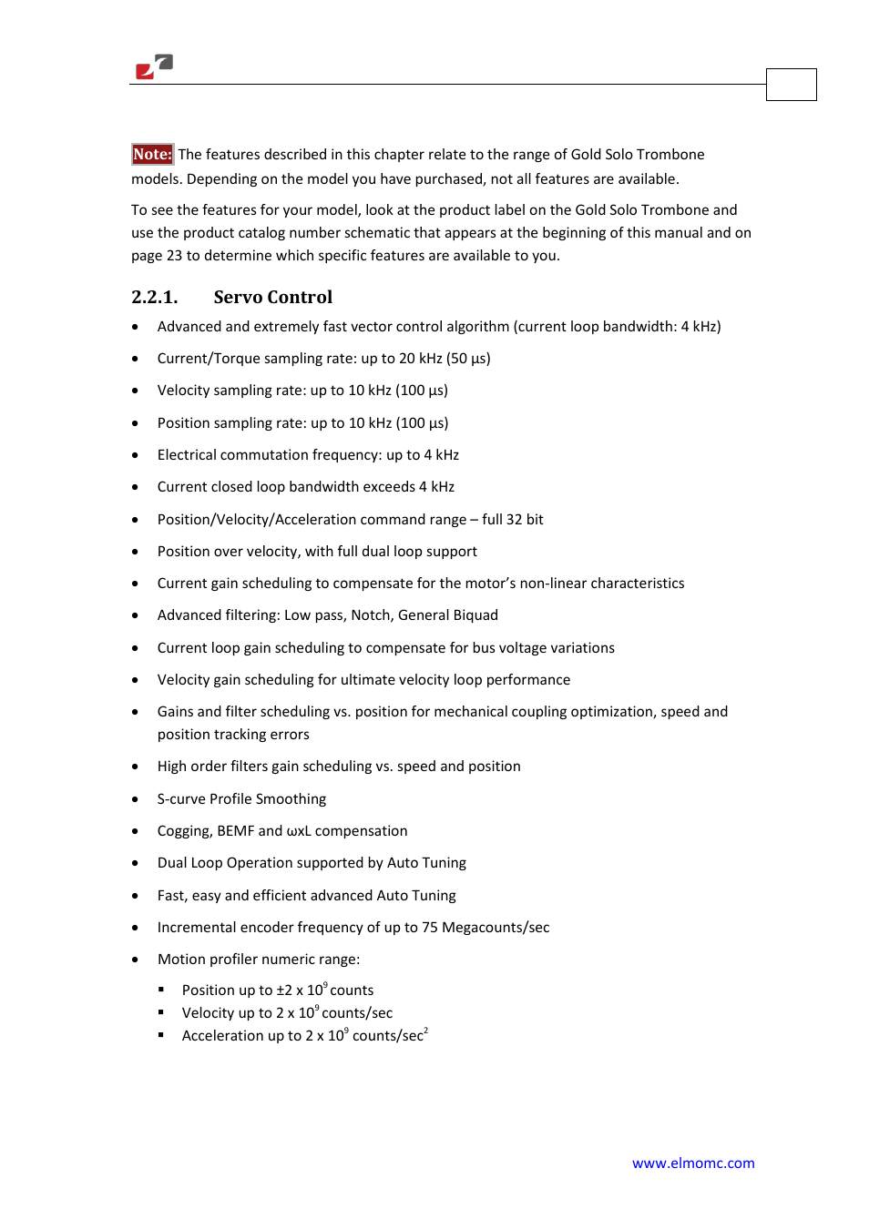 Product features, Servo control | ElmoMC Gold Line Digital Servo Drives-Gold Solo Trombone User Manual | Page 13 / 110