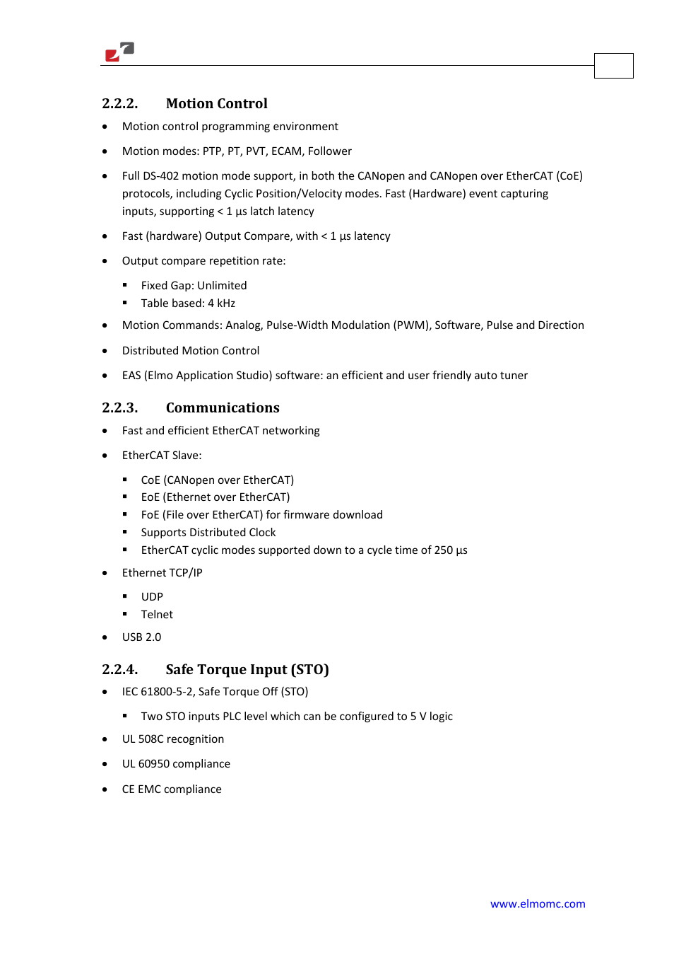 Motion control, Communications, Safe torque input (sto) | ElmoMC Gold Line Digital Servo Drives-Gold Solo Trombone User Manual | Page 14 / 110