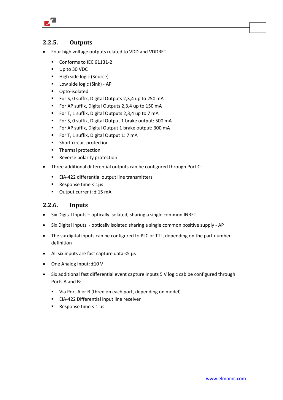 Outputs, Inputs, Outputs 2.2.6. inputs | ElmoMC Gold Line Digital Servo Drives-Gold Solo Trombone User Manual | Page 15 / 110