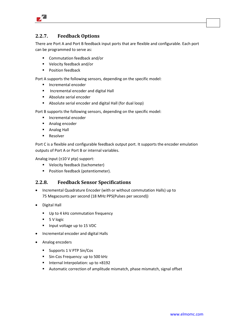Feedback options, Feedback sensor specifications | ElmoMC Gold Line Digital Servo Drives-Gold Solo Trombone User Manual | Page 16 / 110