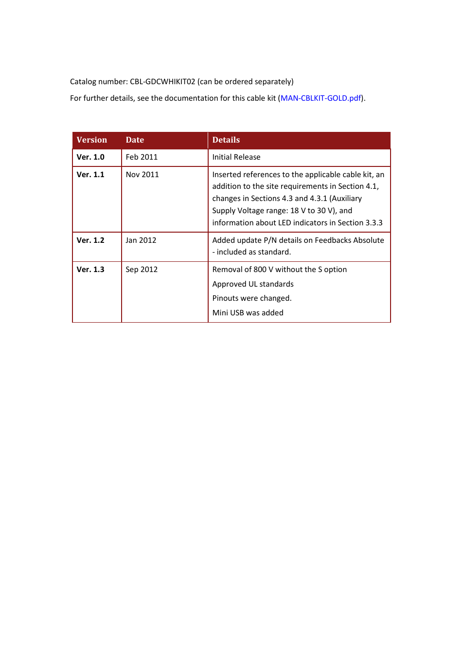 Cable kit, Revision history | ElmoMC Gold Line Digital Servo Drives-Gold Solo Trombone User Manual | Page 3 / 110