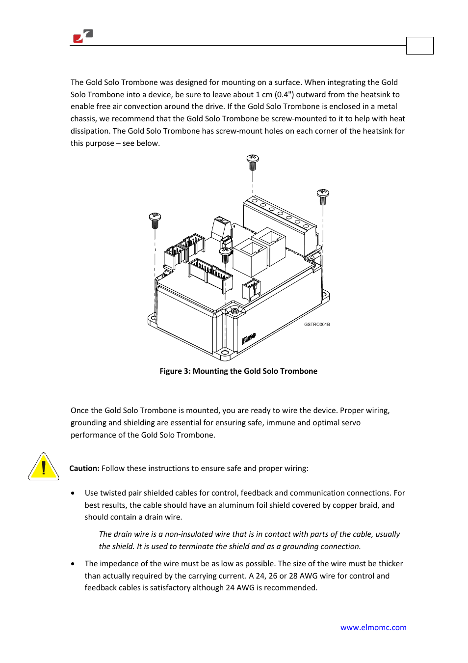 Mounting the gold solo trombone, Wiring the gold solo trombone | ElmoMC Gold Line Digital Servo Drives-Gold Solo Trombone User Manual | Page 39 / 110