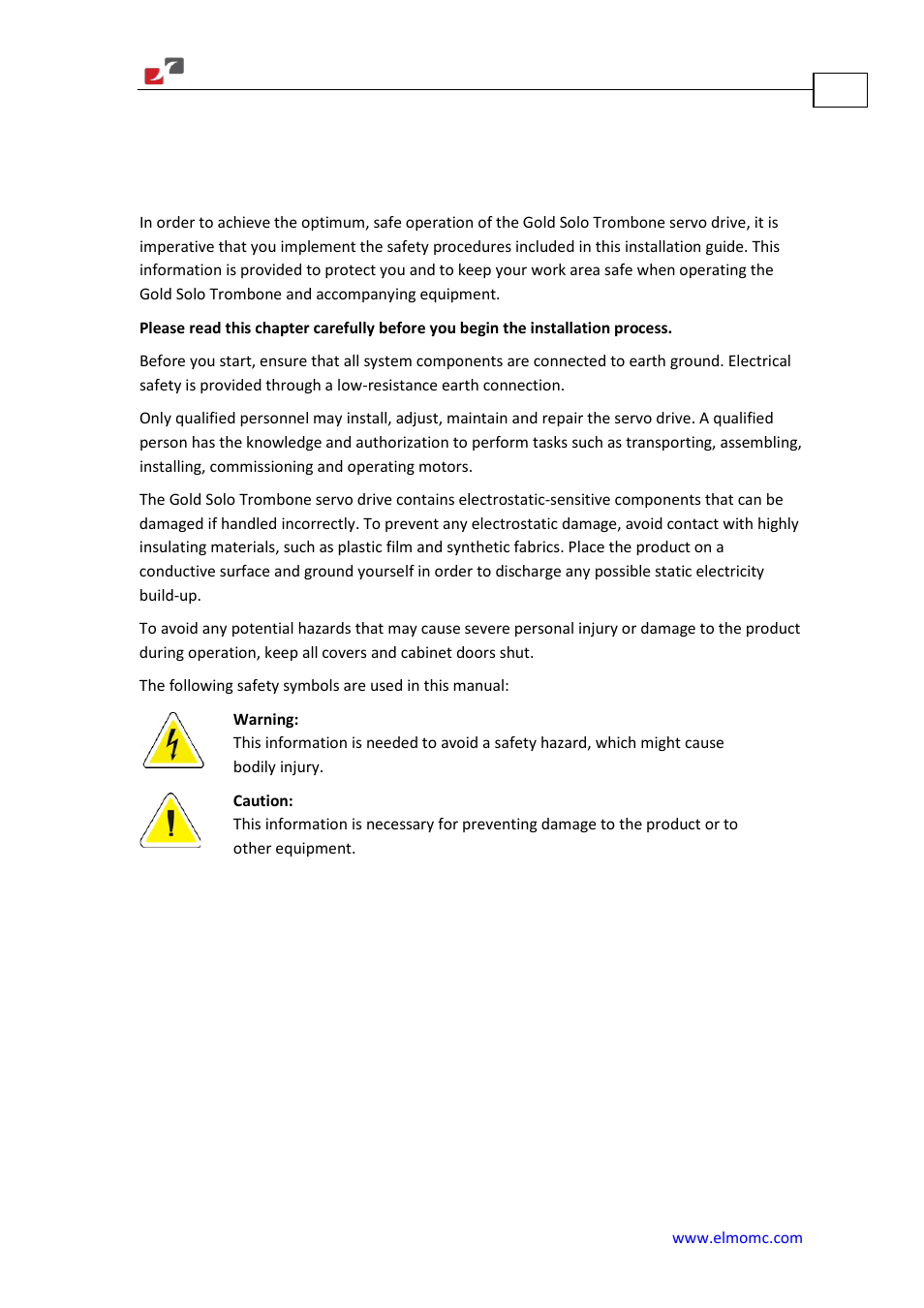 Chapter 1: safety information, Chapter 1, Safety information | ElmoMC Gold Line Digital Servo Drives-Gold Solo Trombone User Manual | Page 8 / 110