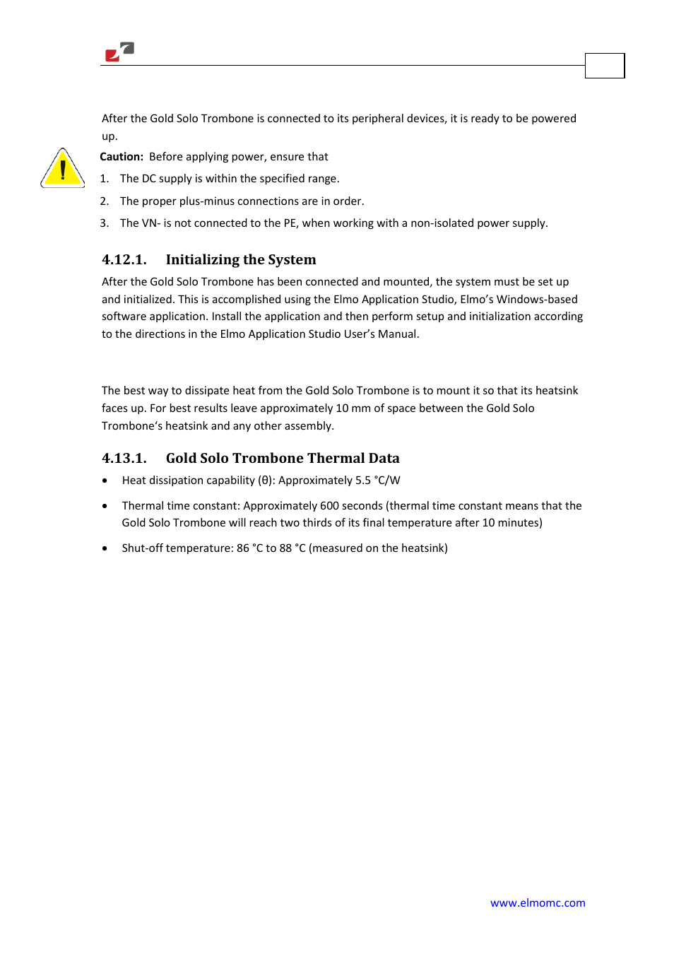 Power up, Initializing the system, Heat dissipation | Gold solo trombone thermal data | ElmoMC Gold Line Digital Servo Drives-Gold Solo Trombone User Manual | Page 87 / 110
