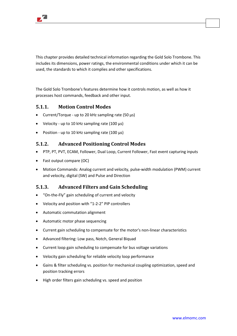 Chapter 5: technical specifications, Features, Motion control modes | Advanced positioning control modes, Advanced filters and gain scheduling, Chapter 5, Technical specifications | ElmoMC Gold Line Digital Servo Drives-Gold Solo Trombone User Manual | Page 90 / 110