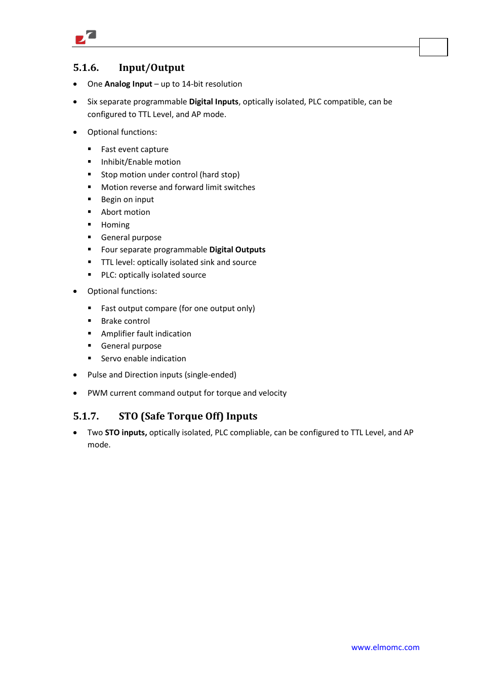 Input/output, Sto (safe torque off) inputs, Input/output 5.1.7. sto (safe torque off) inputs | ElmoMC Gold Line Digital Servo Drives-Gold Solo Trombone User Manual | Page 92 / 110