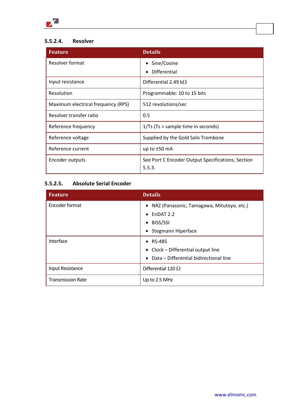 Resolver, Absolute serial encoder, Resolver 5.5.2.5. absolute serial encoder | ElmoMC Gold Line Digital Servo Drives-Gold Solo Trombone User Manual | Page 99 / 110