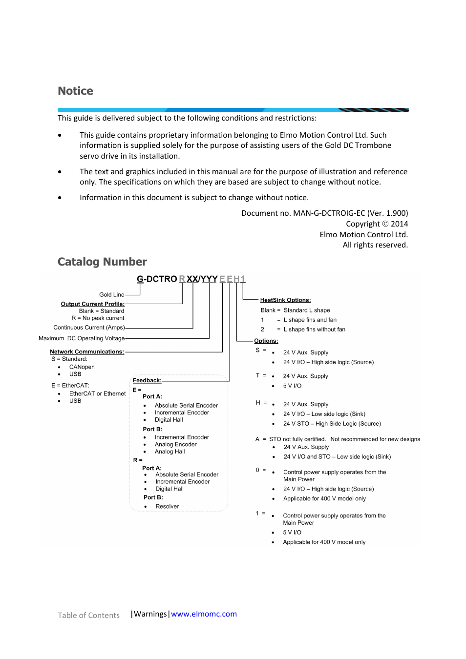 Notice, Catalog number | ElmoMC Gold Line Digital Servo Drives-Gold DC Trombone User Manual | Page 2 / 69