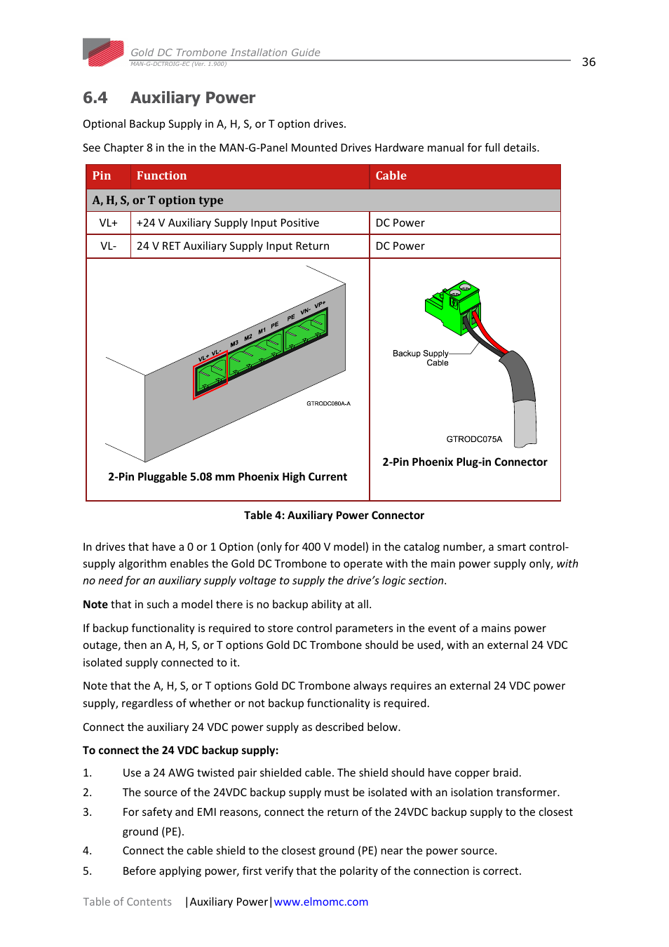 4 auxiliary power, Auxiliary power | ElmoMC Gold Line Digital Servo Drives-Gold DC Trombone User Manual | Page 36 / 69