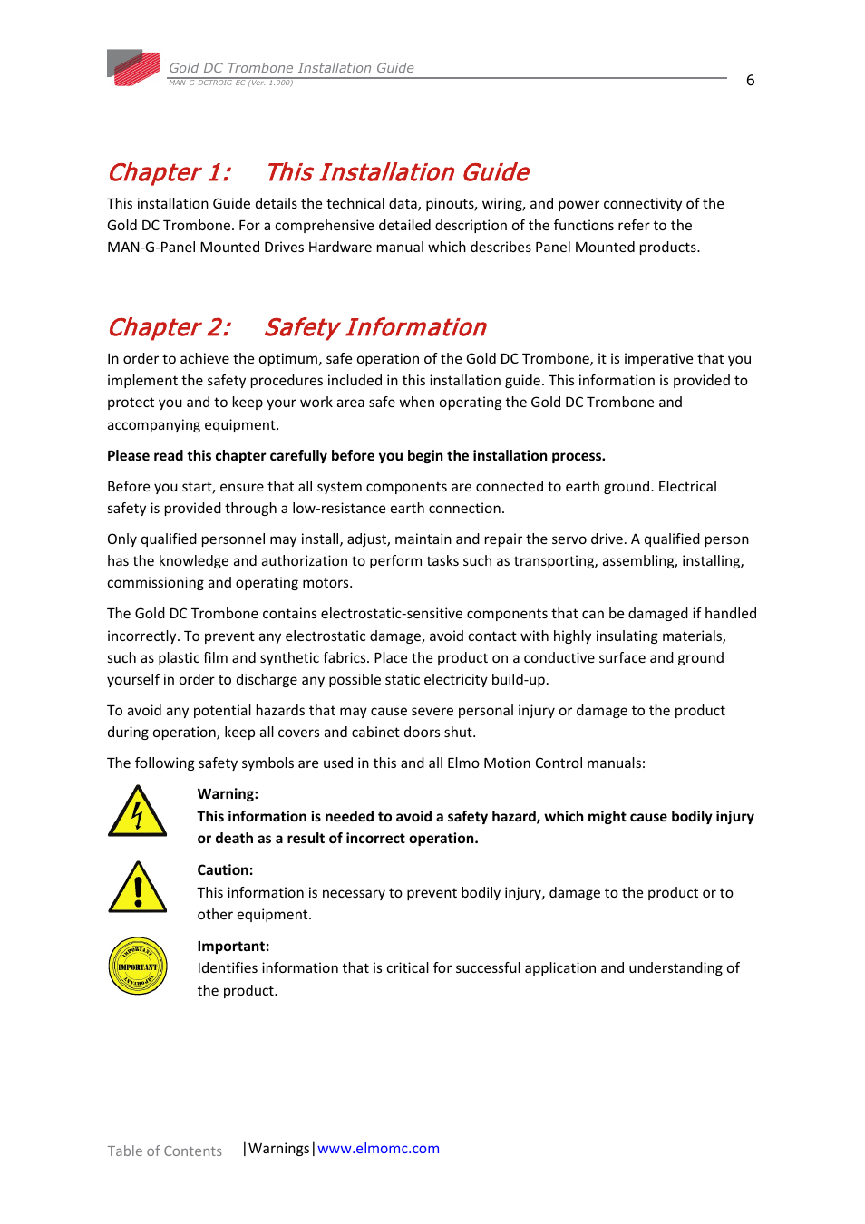 Chapter 1: this installation guide, Chapter 2: safety information, Chapter 1 | This installation guide, Chapter 2, Safety information | ElmoMC Gold Line Digital Servo Drives-Gold DC Trombone User Manual | Page 6 / 69