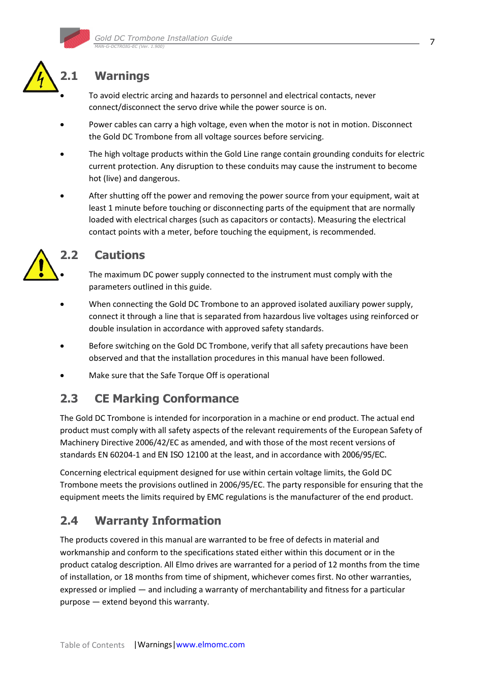 1 warnings, 2 cautions, 3 ce marking conformance | 4 warranty information, Warnings, Cautions, Ce marking conformance, Warranty information | ElmoMC Gold Line Digital Servo Drives-Gold DC Trombone User Manual | Page 7 / 69