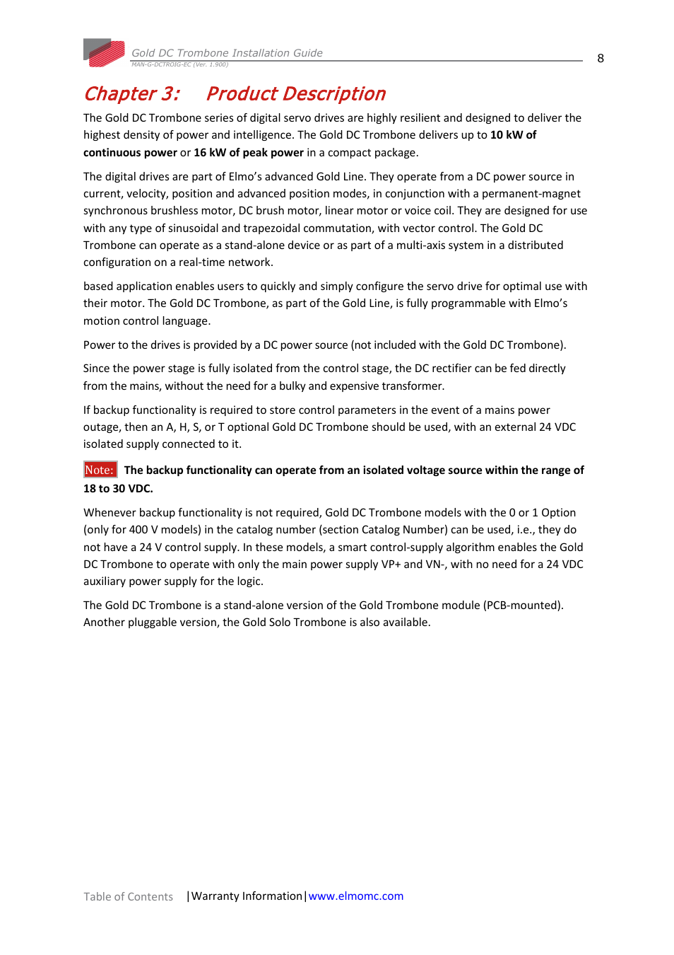 Chapter 3: product description, Chapter 3, Product description | ElmoMC Gold Line Digital Servo Drives-Gold DC Trombone User Manual | Page 8 / 69