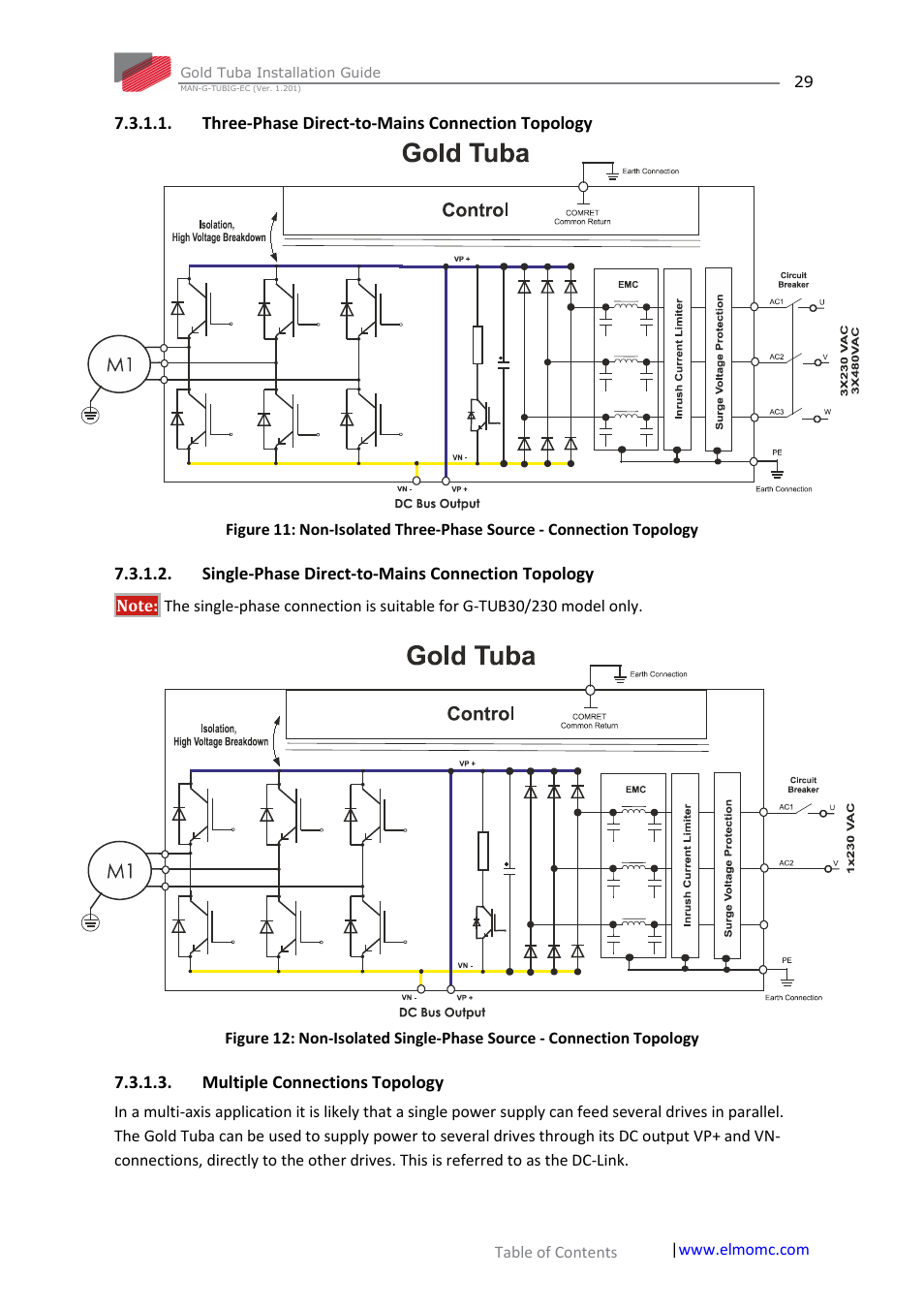 Three-phase direct-to-mains connection topology, Single-phase direct-to-mains connection topology, Multiple connections topology | ElmoMC Gold Line Digital Servo Drives-Gold Tuba User Manual | Page 29 / 81