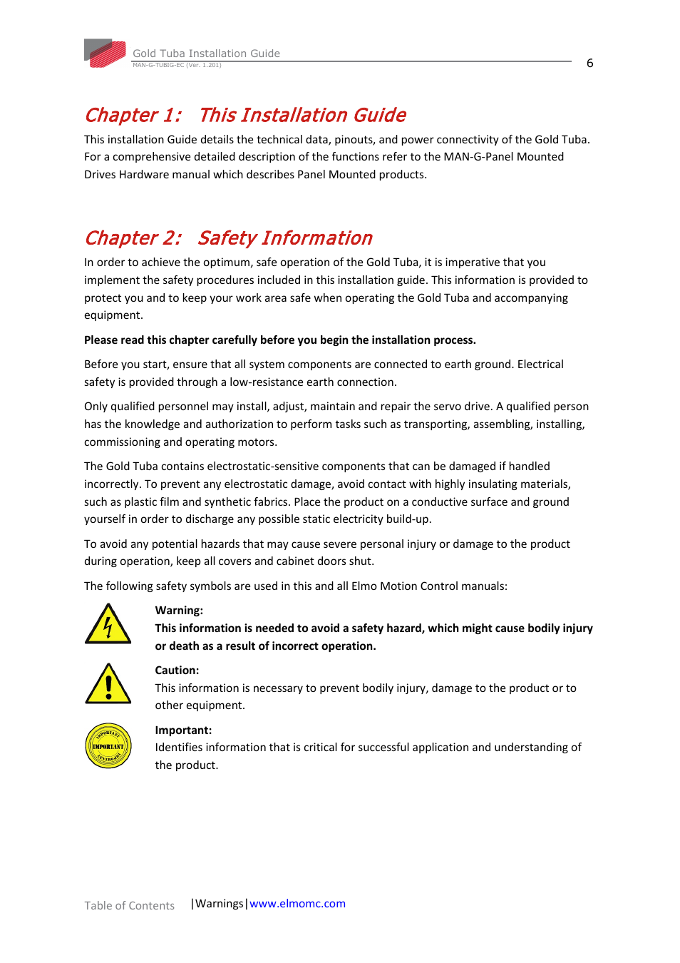 Chapter 1: this installation guide, Chapter 2: safety information, Chapter 1 | This installation guide, Chapter 2, Safety information | ElmoMC Gold Line Digital Servo Drives-Gold Tuba User Manual | Page 6 / 81